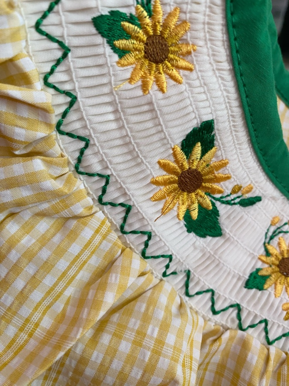 Rylee Faith Designs Yellow Gingham Sunflower Smocked Dress Green Trim NWT Sz 5 - Picture 2 of 10